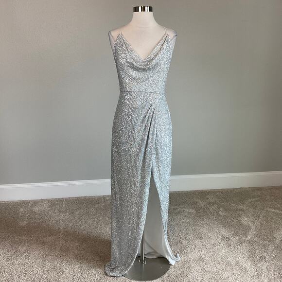 Aidan Mattox Women's Formal Dress Size 12 Silver Sequin Strappy Back Long Gown - Picture 3 of 10
